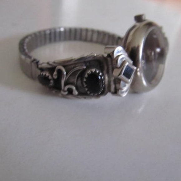 Diamond Quartz JB Navajo Sterling silver watch Womens Black Onyx Watch Bracelet - Picture 4 of 6